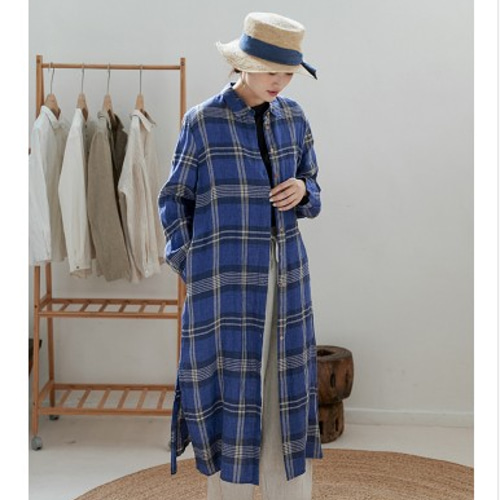 先染リネン/麻100%】2way長袖シャツワンピース チェック柄 ポケット