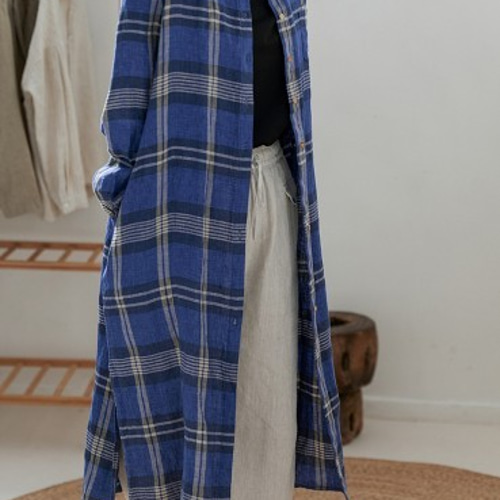 先染リネン/麻100%】2way長袖シャツワンピース チェック柄 ポケット