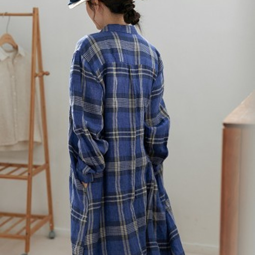 先染リネン/麻100%】2way長袖シャツワンピース チェック柄 ポケット
