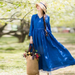 ラミー/麻100%】Vネック長袖ロングワンピース ポケット付き【春夏秋