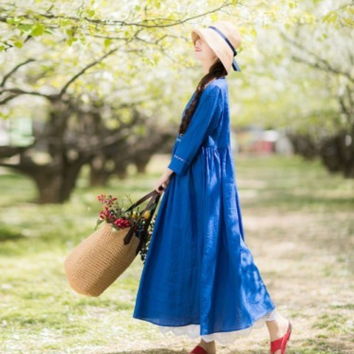 ラミー/麻100%】Vネック長袖ロングワンピース ポケット付き【春夏秋