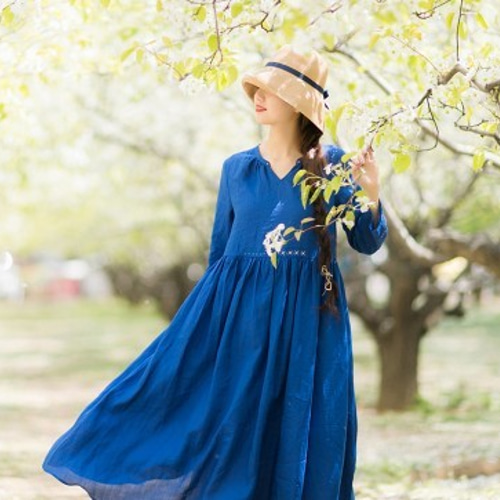 ラミー/麻100%】Vネック長袖ロングワンピース ポケット付き【春夏秋