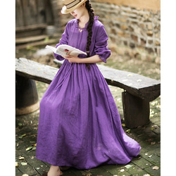 リネン/麻100%】フリルVネックロングワンピース ウエストゴム ポケット