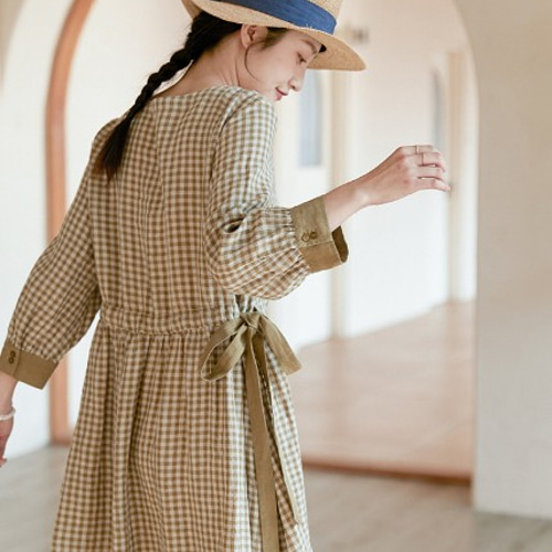 先染リネン/麻100%】チェック柄長袖ロングワンピース ウエストリボン