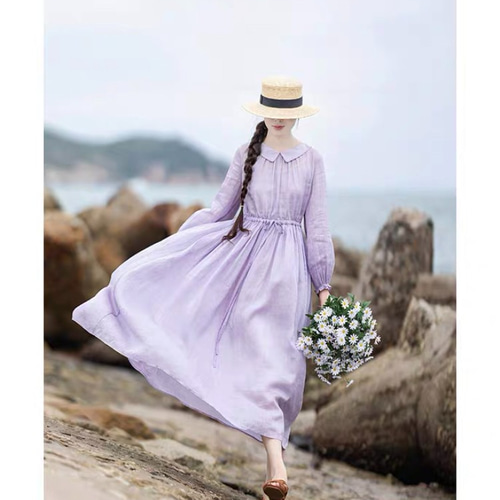 ラミー/麻100%】ロールカラー ロングワンピース ウエストリボン