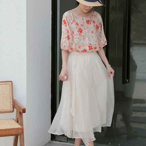 シルク100%】ふんわりフレアスカート ウエストゴム コットン裏地【秋春  