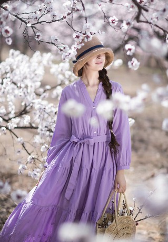 ２色【コットン/綿100%】スカラップレースロングワンピース ウエスト