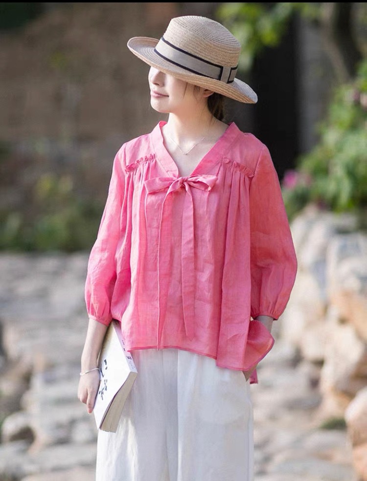 【ラミー/麻100%】ボウタイ　ギャザーのゆったりめブラウス【秋春夏】ローズピンク