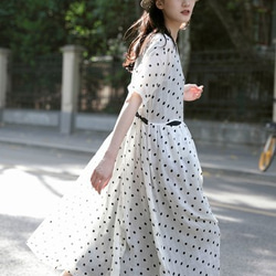 ラミー/麻100%】ドットのロングワンピース ウエストリボン ポケット