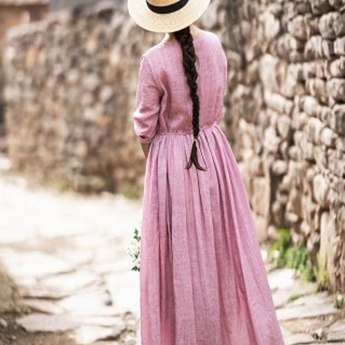 フロントフリルのロングワンピース ウエストリボン ポケット付き【秋春