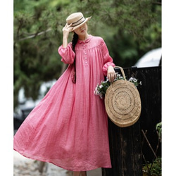 ラミー/麻100%】ステッチ スタンドカラー長袖ロングワンピース