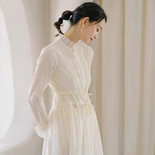 コットン/綿73%】フリルネック ウエストリボンのロングワンピース【夏  