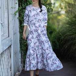 コットン/綿100%】総裏地 花柄長袖ティアードロングワンピース