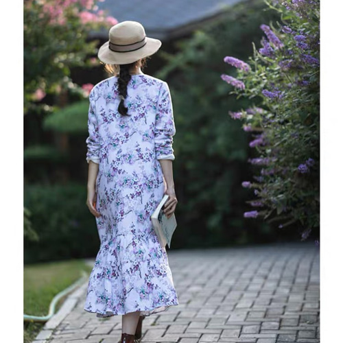 コットン/綿100%】総裏地 花柄長袖ティアードロングワンピース