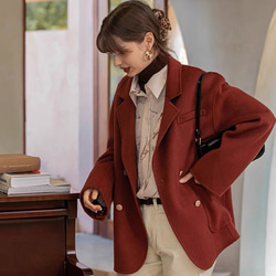 カシミヤ混ウール オープンカラー ジャケット/コート【秋春冬】レッド