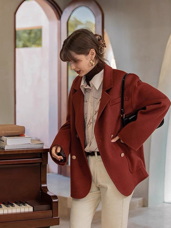 カシミヤ混ウール オープンカラー ジャケット/コート【秋春冬】レッド