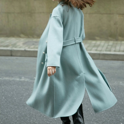 ウール100％】手縫いダブルボタンのロングコート ウエストベルト【春
