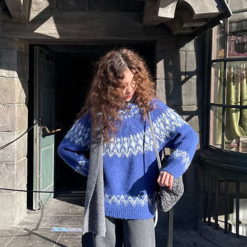 在庫のみ【ウール混】フェアアイルセーター プルオーバー【秋冬春】青