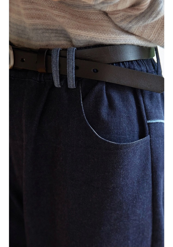 【ウール混コットン】ウエストゴム　ロングパンツ　ポケット付き【春秋冬】インディゴ/青 6枚目の画像