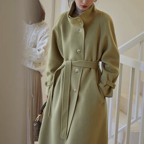 ウール100％】ラグランスリーブのロングコート ウエストベルト【春秋冬