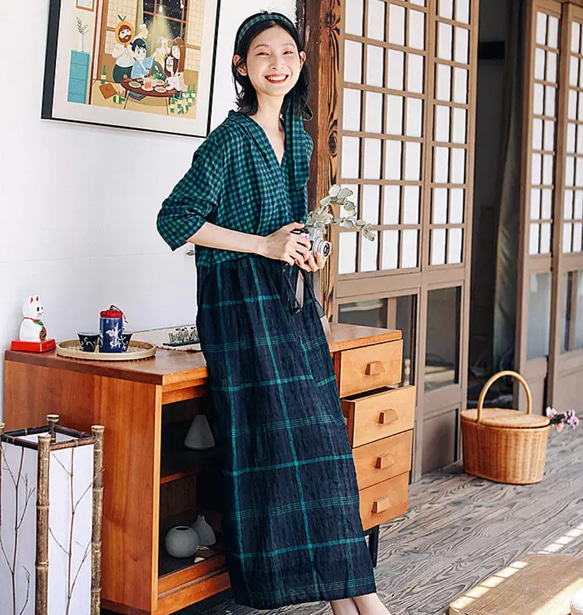 フリースタイリスト　ワンピース　ロング　リネン　コットン　チェック　L リボン フリースタイリスト ワンピース ロング リネン コットン