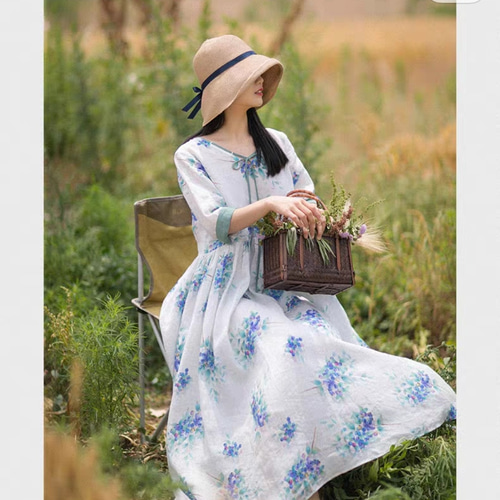 Sサイズ1点【ラミー/麻100%】花柄ロングワンピース ポケット付【春夏  