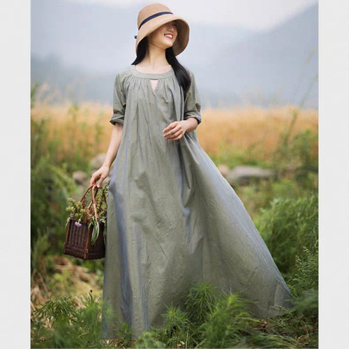 コットン/綿100%】ロングワンピース ポケット付・ウエストリボン】モス  