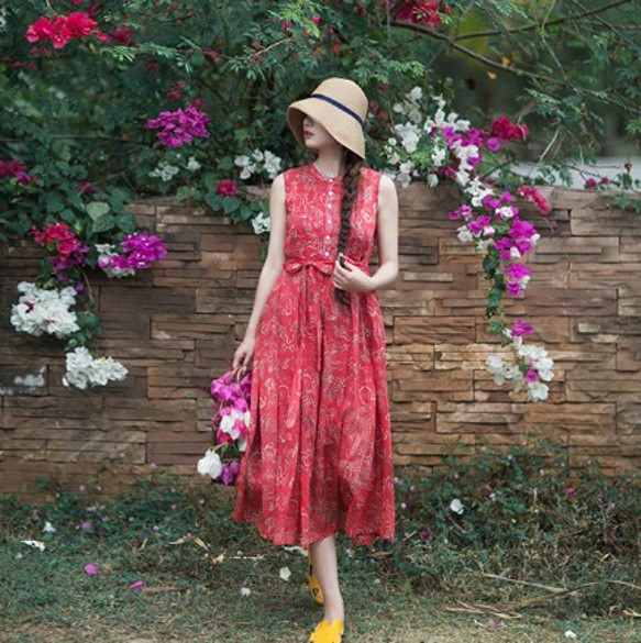 花柄ウエストリボンノースリーブワンピース ラミー/麻100%】ノースリーブ花柄ロングワンピース ウエストリボンポ