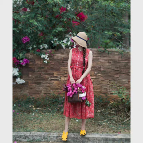 ラミー/麻100%】ノースリーブ花柄ロングワンピース ウエストリボンポ