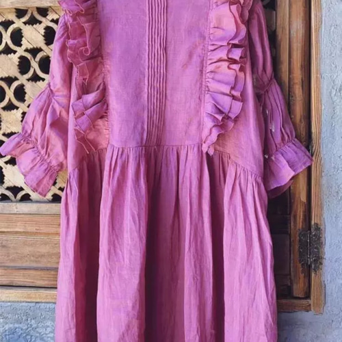 malle　フリルワンピース　リネン/コットン　カットワーク刺繍ドレス
