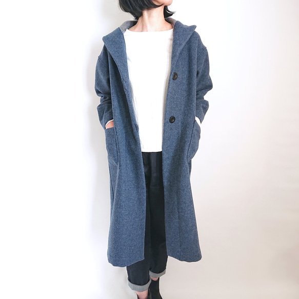 再販！× 18  Ｗフェイス起毛ウールのロングフーデットコート  杢ブルー 1枚目の画像