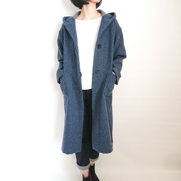 再販！× 18  Ｗフェイス起毛ウールのロングフーデットコート  杢ブルー 2枚目の画像