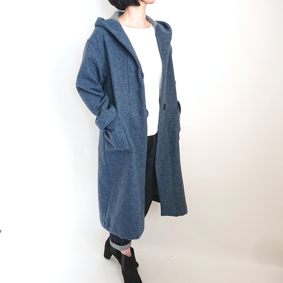 再販！× 18  Ｗフェイス起毛ウールのロングフーデットコート  杢ブルー 3枚目の画像