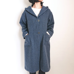 再販！× 18  Ｗフェイス起毛ウールのロングフーデットコート  杢ブルー 4枚目の画像