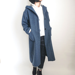 再販！× 18  Ｗフェイス起毛ウールのロングフーデットコート  杢ブルー 5枚目の画像