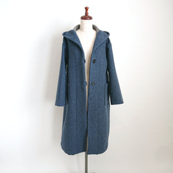 再販！× 18  Ｗフェイス起毛ウールのロングフーデットコート  杢ブルー 6枚目の画像