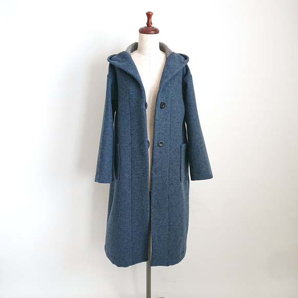 再販！× 18  Ｗフェイス起毛ウールのロングフーデットコート  杢ブルー 6枚目の画像