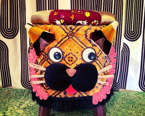 アニマルスツール 【ネコ/オレンジ系金華山織り】 椅子（チェアー