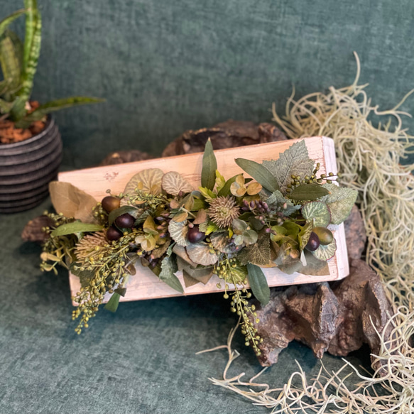 アートフラワー ウッドボックスアレンジL『グリーン』 タペストリー