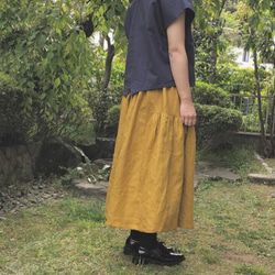リネン マスタード の かわいい 切り替えギャザースカート 2枚目の画像