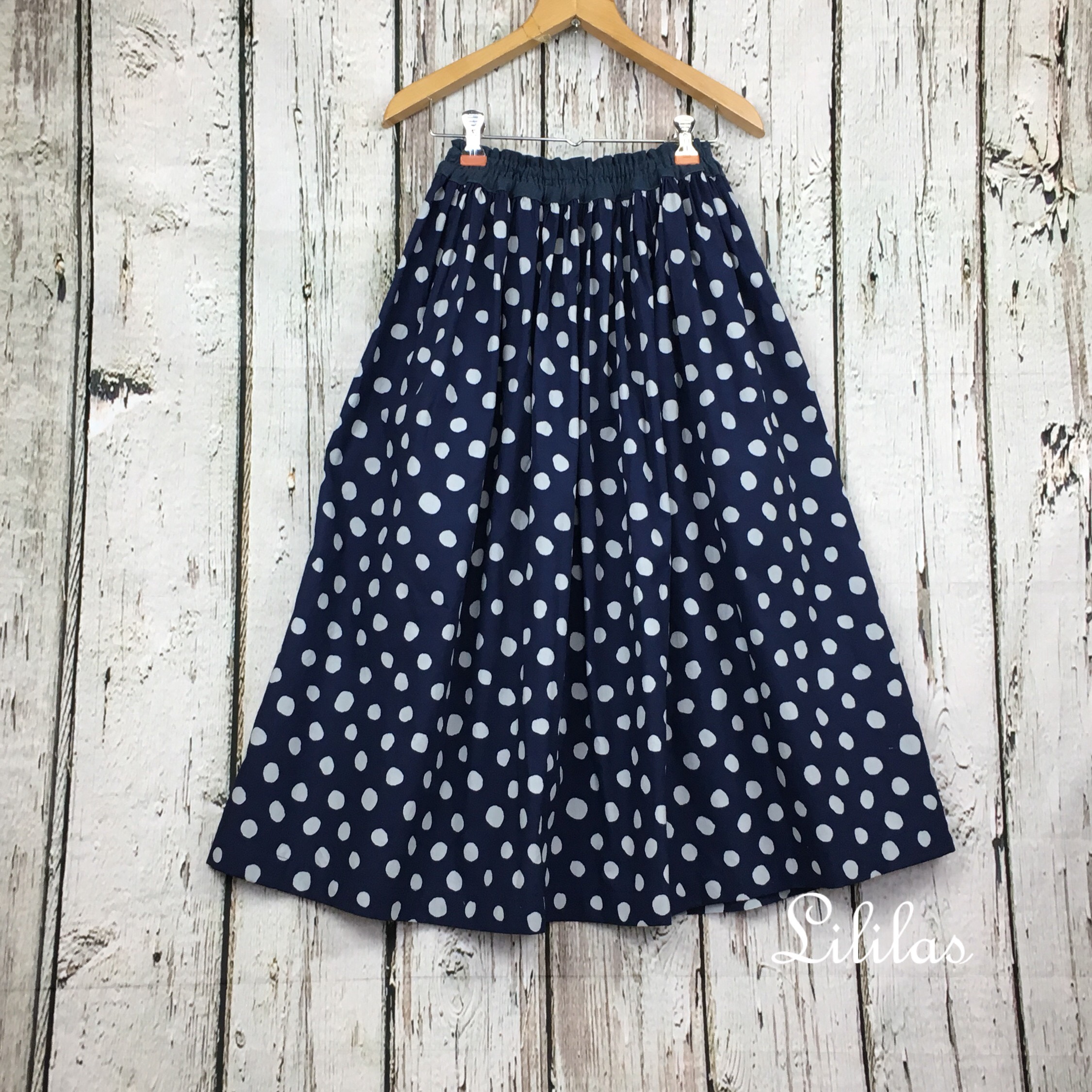 手描き風 ドット ネイビー ギャザースカート