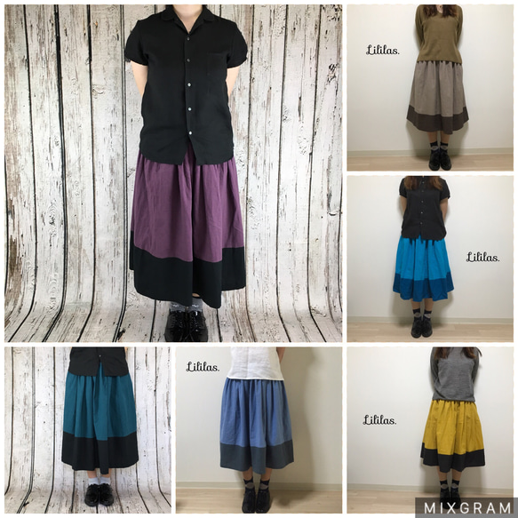 スモーキーパープル×黒 の 秋色 ギャザースカート 6枚目の画像