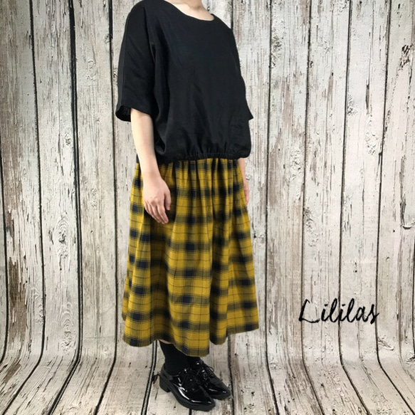 黄色 と 黒 の チェックギャザースカート フレアスカート ＊～lililas