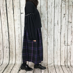 ウール＊黒×紫×紺 チェック ギャザースカート 3枚目の画像