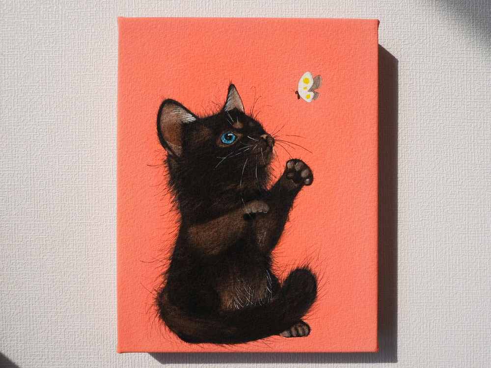 絵画。原画【かわいい黒猫と3つの赤いリンゴ】