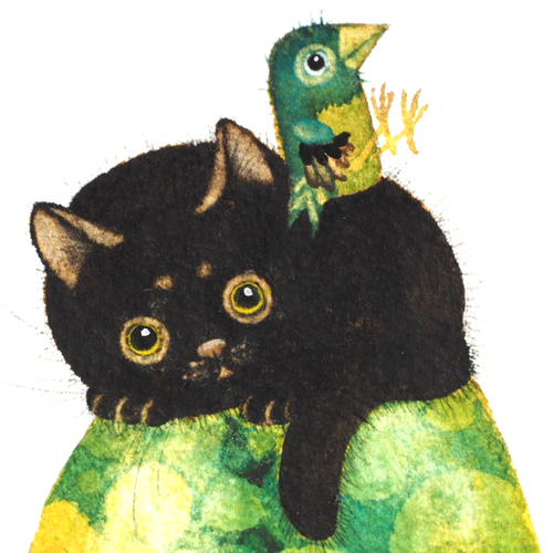 青い鳥と黒猫シリーズ（原画）「ノンビリいこうよ」 イラスト