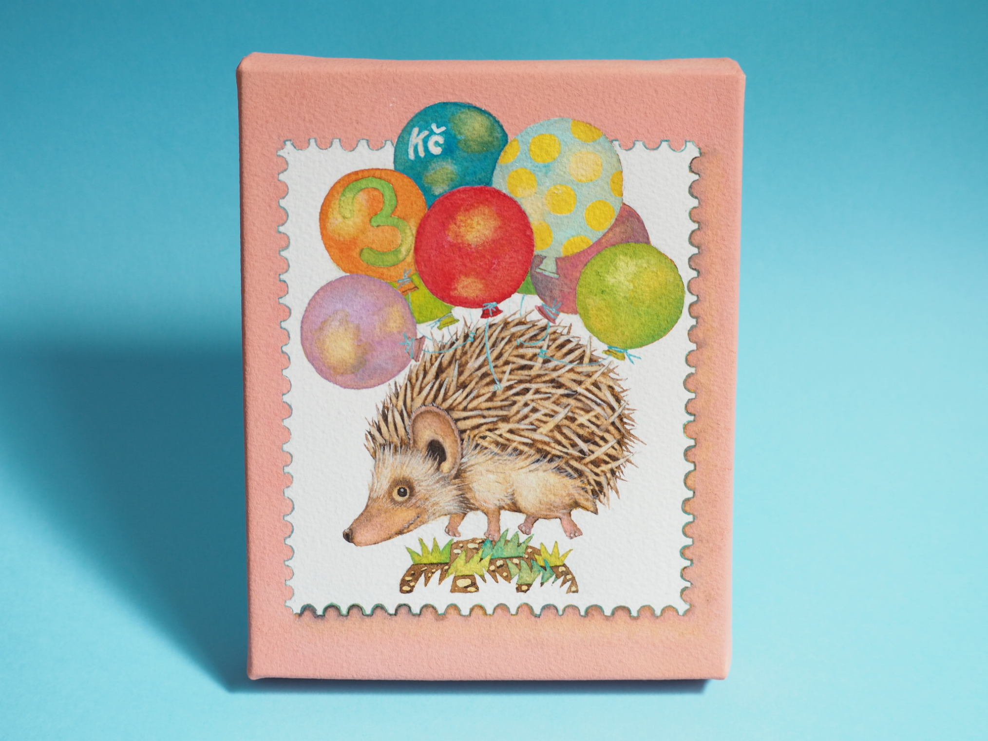 空をとびたいハリネズミと風船と切手（原画）