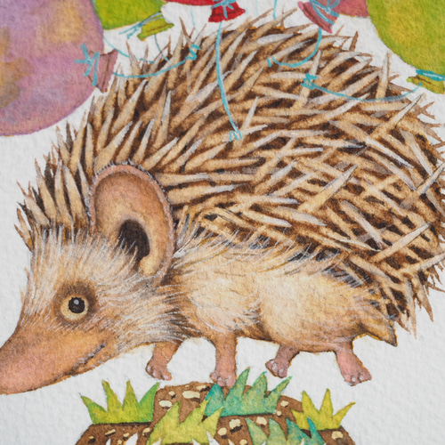 空をとびたいハリネズミと風船と切手（原画） イラスト モリカナコ