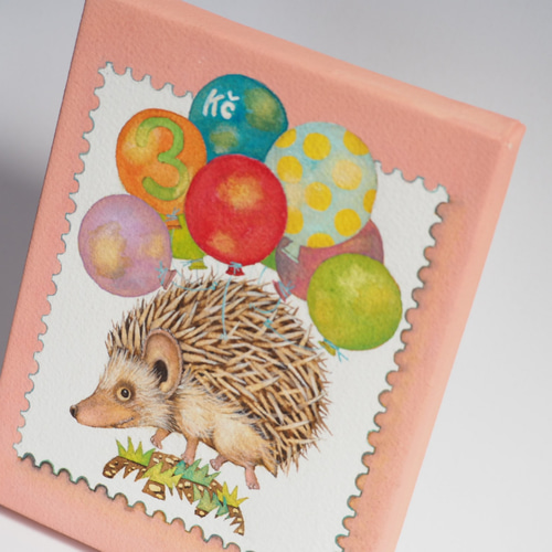 空をとびたいハリネズミと風船と切手（原画） イラスト モリカナコ