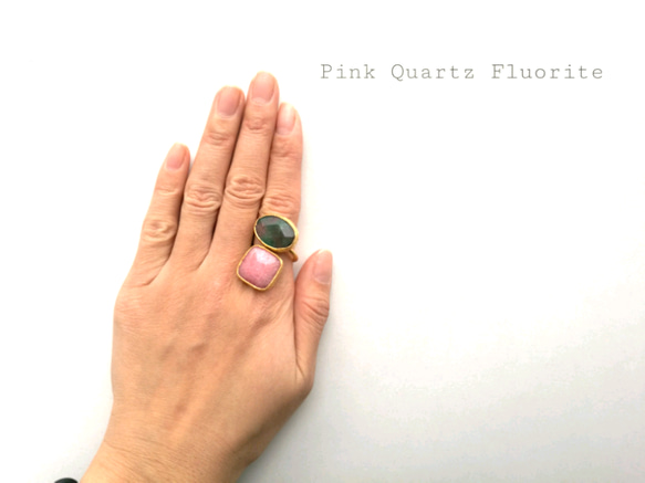『ピンククォーツ&フローライト』の世界でひとつの天然石二粒リング 4枚目の画像